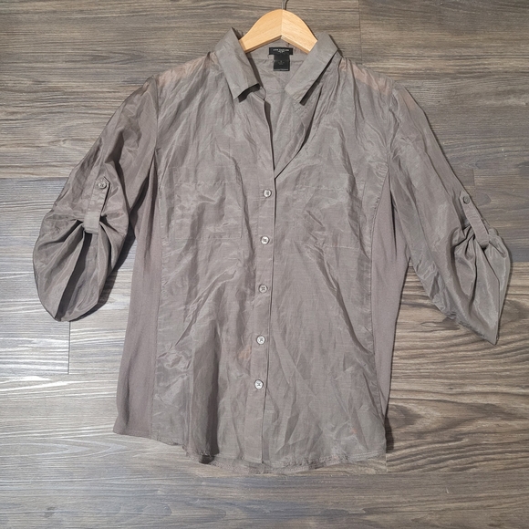Ann Taylor Silk Cotton Blend Button Up Shirt 8 Brown Ribbed Mixed Media Roll Tab - Picture 1 of 4